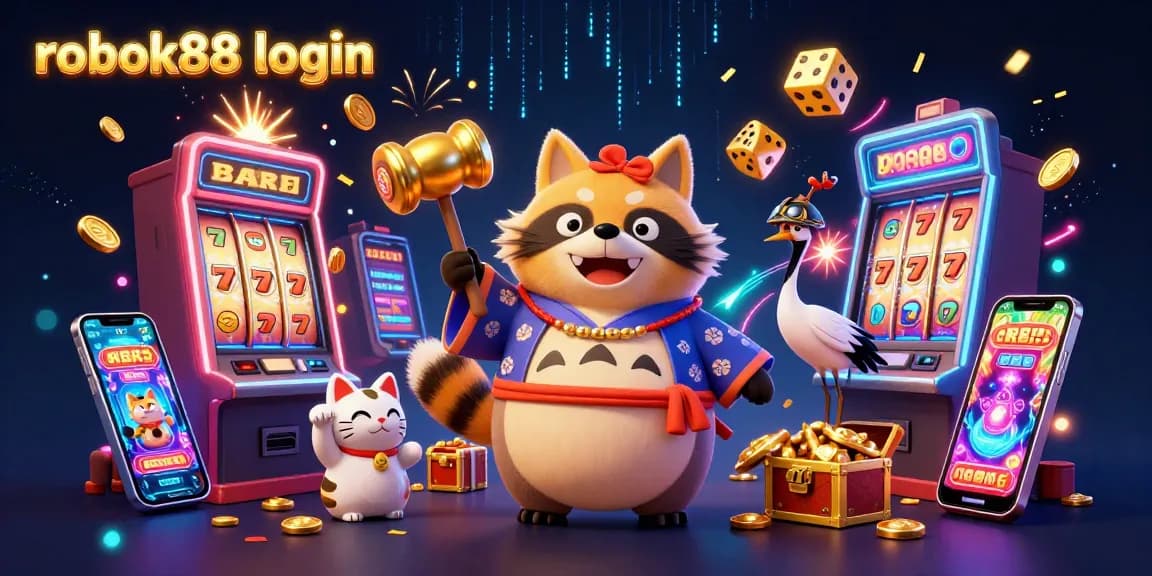 Experience the excitement of rokok88 login with vibrant characters, slot machines, and treasure chests bursting with treasures.