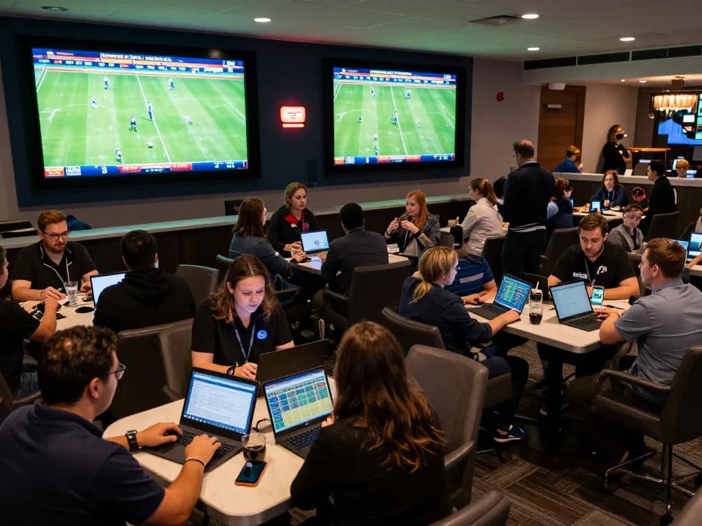 Engaged bettors analyzing odds on their devices at a sports betting lounge with keo nha cai displayed on screens