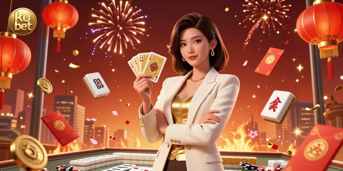Experience ku bet with a glamorous Asian woman holding cards amidst vibrant casino elements, showcasing gaming excitement.