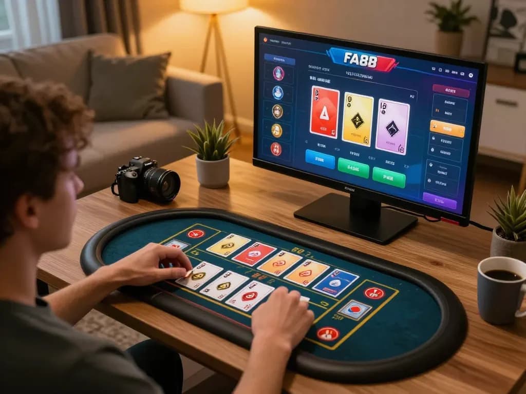 FA88 mobile app displayed on smartphone, showcasing engaging casino gameplay in a cozy home setup