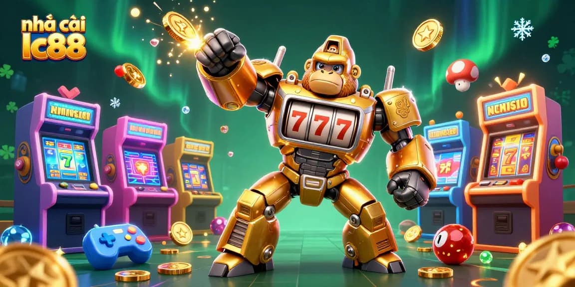 Engage in fun at nhà cái lc88 with a dynamic illustration of a golden gorilla mech from slot machines.