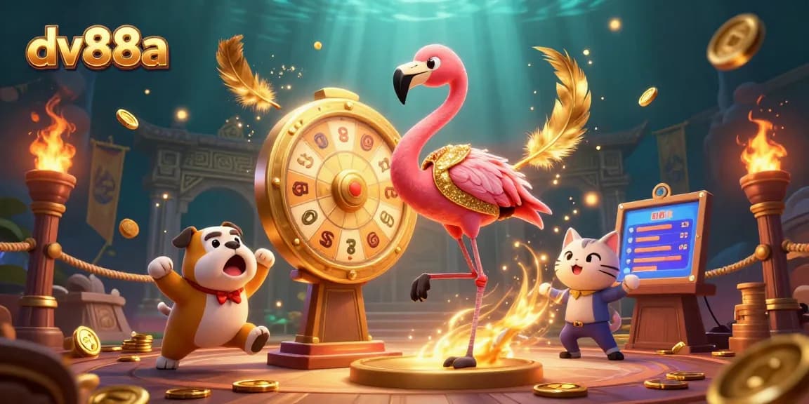Win big with dv88a's exciting casino games featuring a vibrant prize wheel, golden tokens, and energetic characters.