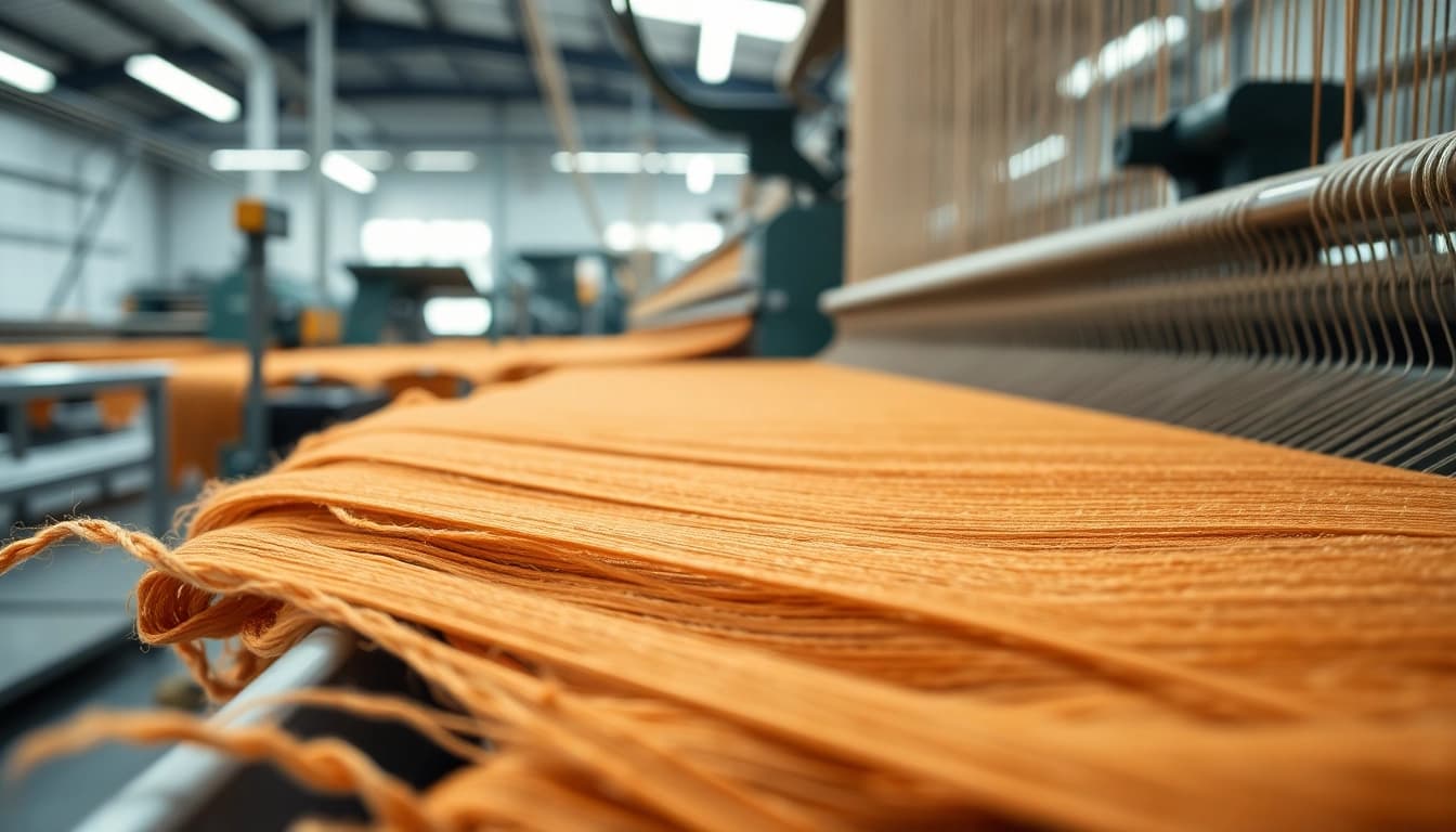 Viscose fabric creation highlighted with weaving machines in an industrial setup.