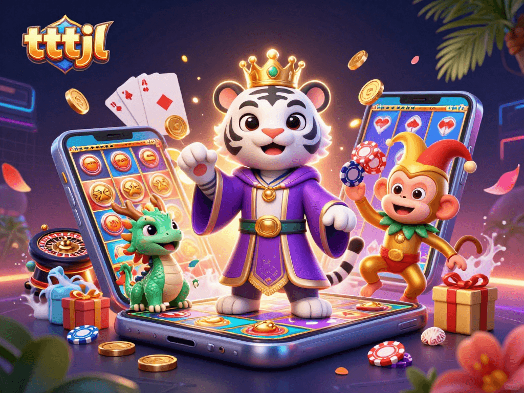Playful 3D illustration depicting a white tiger, golden monkey, and jade dragon in a vibrant casino scene, showcasing tttjl themes