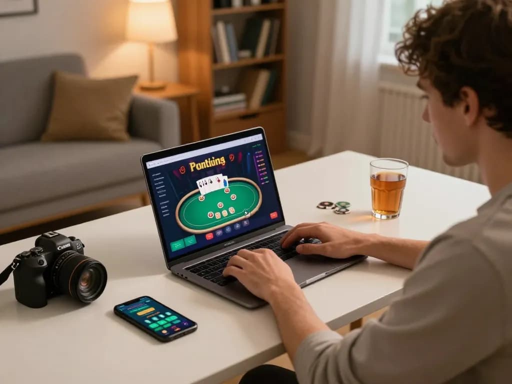 Engaged player enjoys online casino experience at their comfortable home desk, showcasing the Homepage of a betting platform.