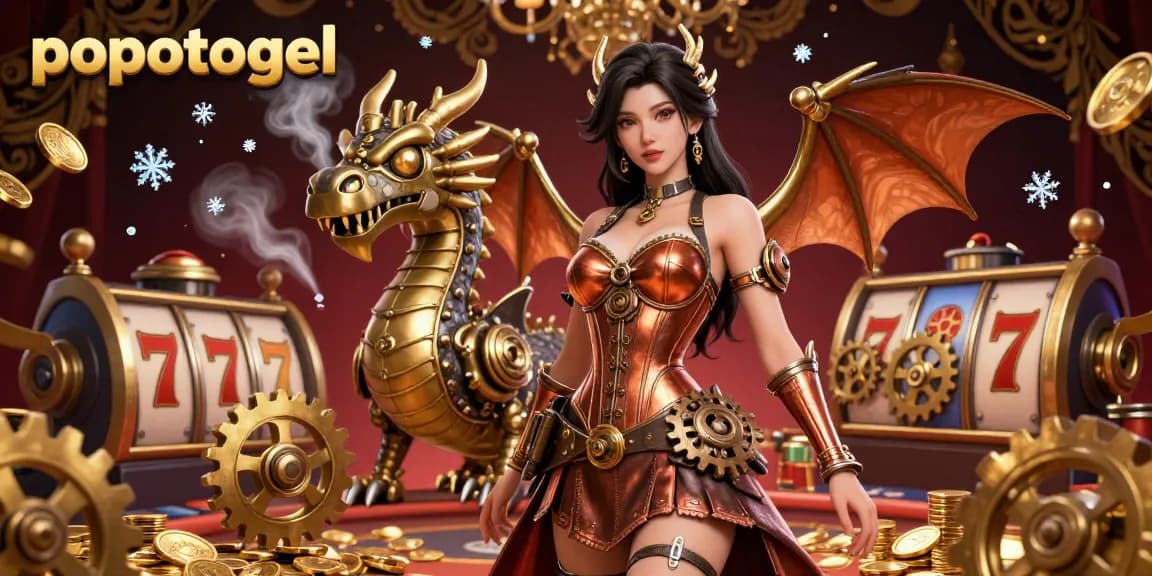Spin the reels at popotogel with a dazzling scene of slot games and dragon treasures.