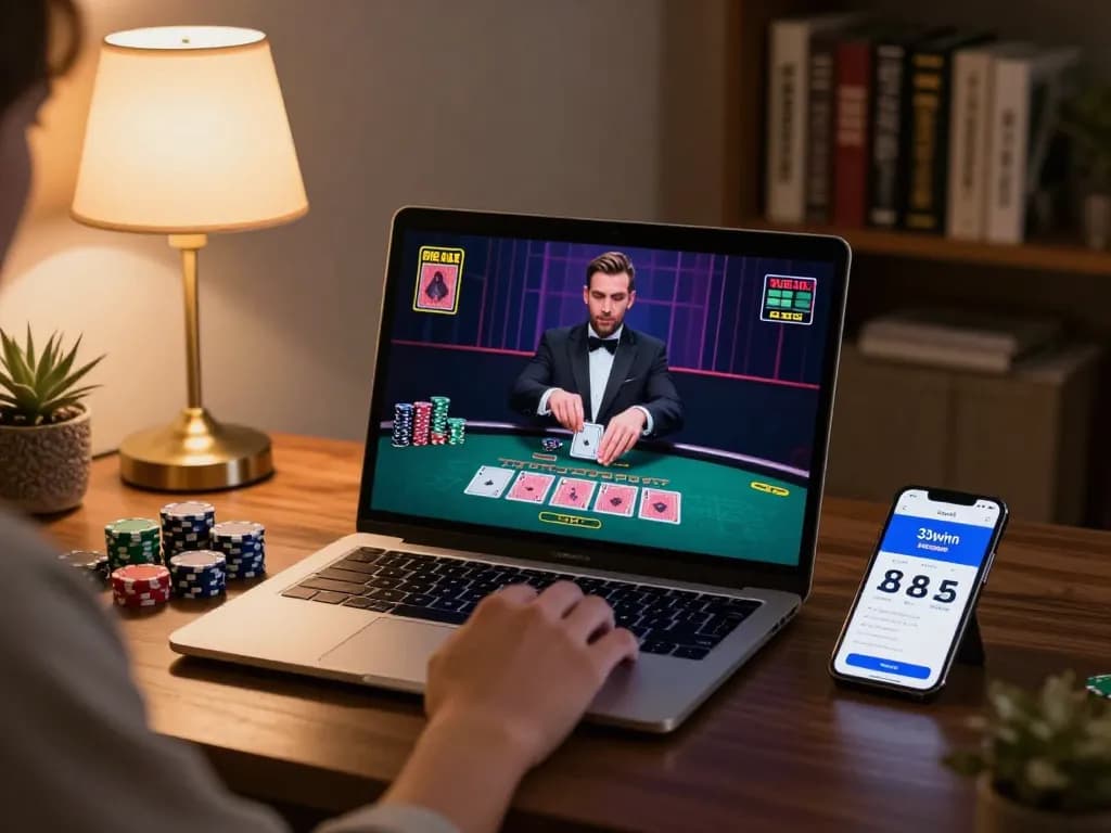 Player enjoying blackjack on 33winn online casino app, laptop and smartphone on stylish desk.
