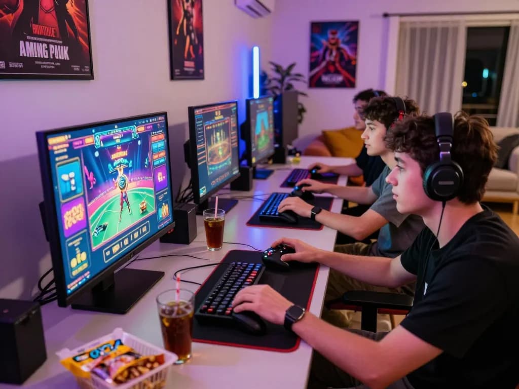 Group enjoying RR88 online gaming experience with vibrant atmosphere and gaming setup