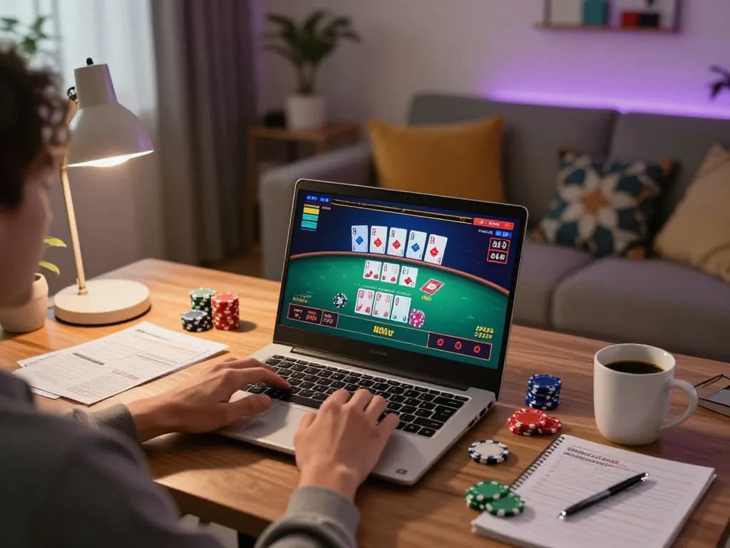 Engaging in an online game of blackjack at home while using the link resmi for secure deposits.