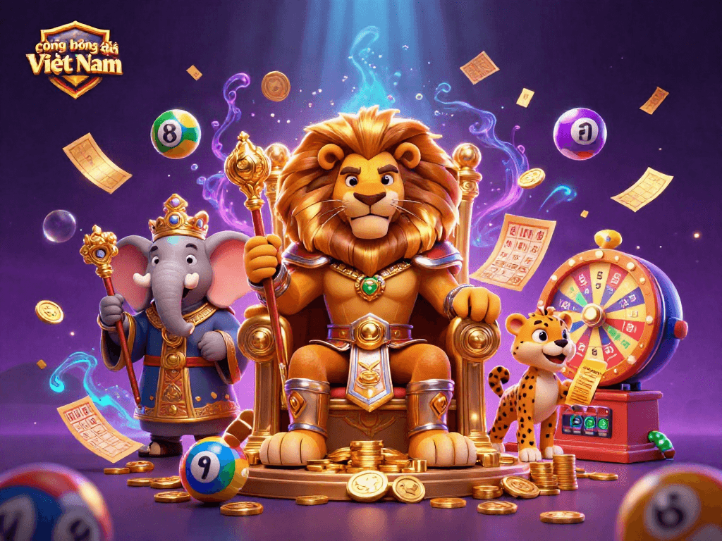 Experience gaming excitement with cộng đồng bóng đá Việt Nam in this vibrant 3D digital casino scene.