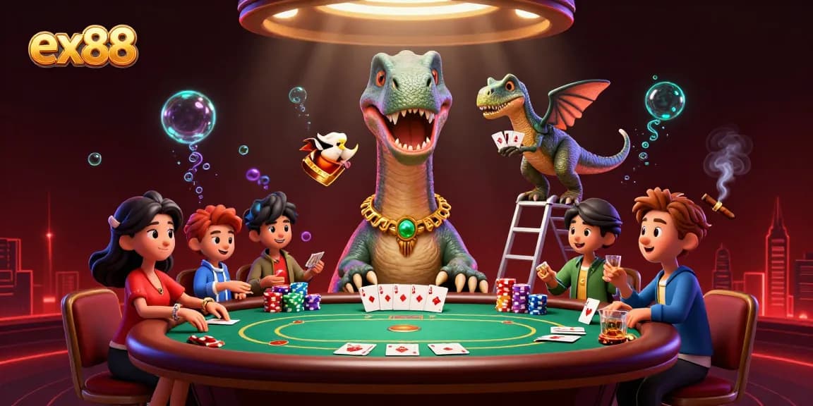 Experience thrilling gameplay at ex88 with a giant brontosaurus overseeing a poker table.