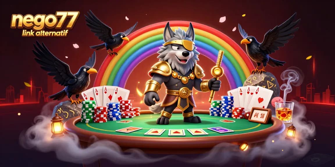 Engage with NEGO77 link alternatif through a rich casino-themed illustration featuring Odin, poker elements, and vibrant details.