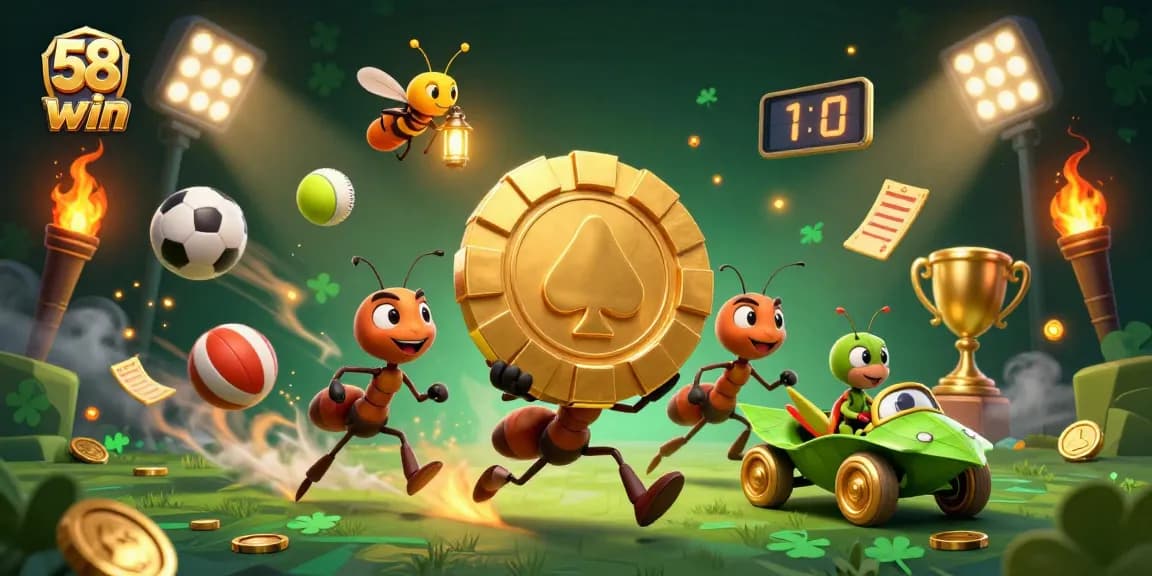 58win showcases a thrilling heist scene with ants, sports elements, and a golden poker chip.