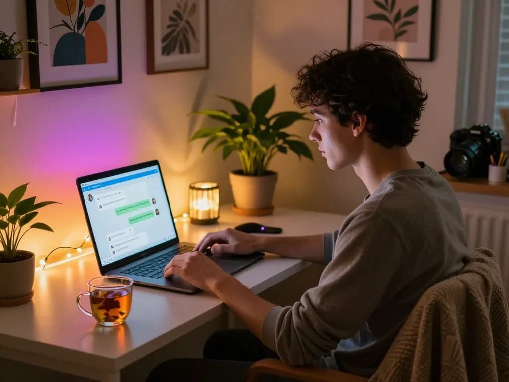 Engaging ai sex chat conversation in a cozy home office setting.