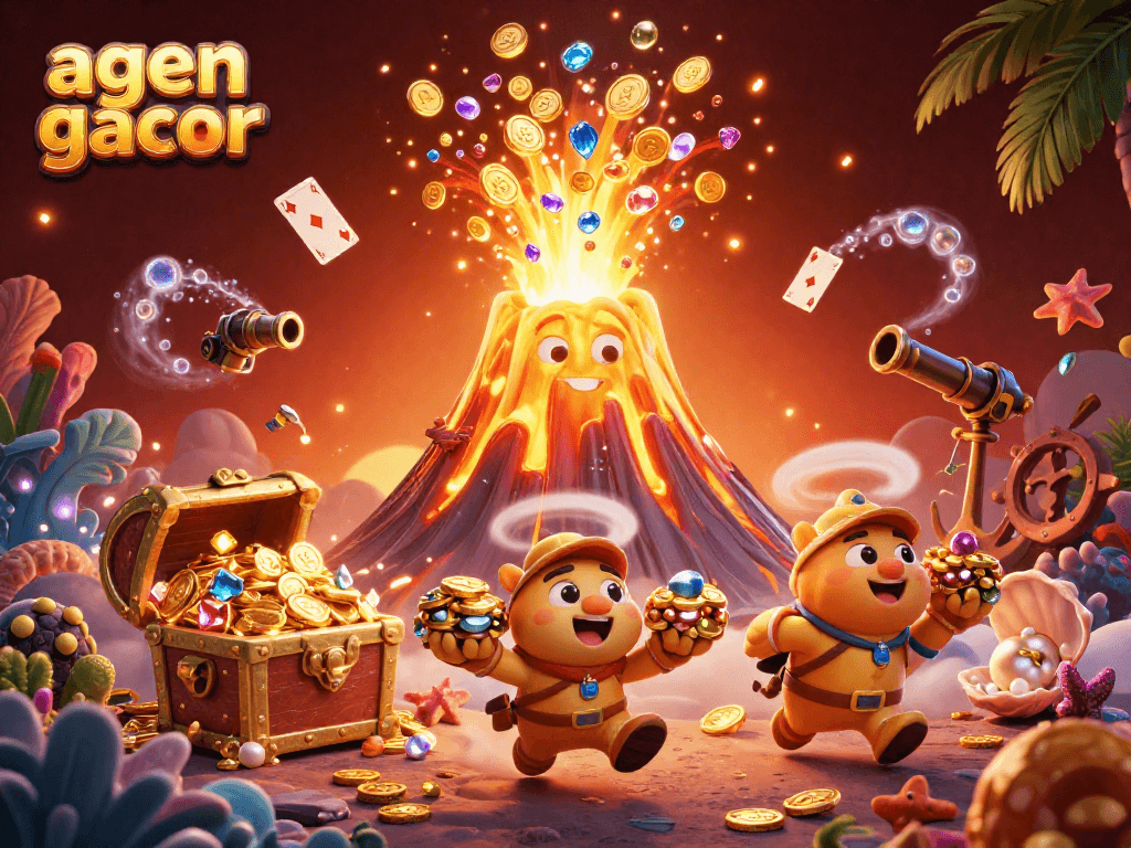 Experience the thrill of agen gacor with treasures in a vibrant casino-style illustration.