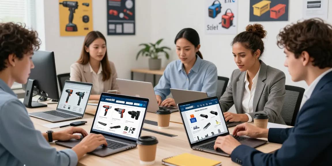 Diverse business professionals exploring industrial tools and office supplies online, engaging with rokok88 slot offerings in a modern office.