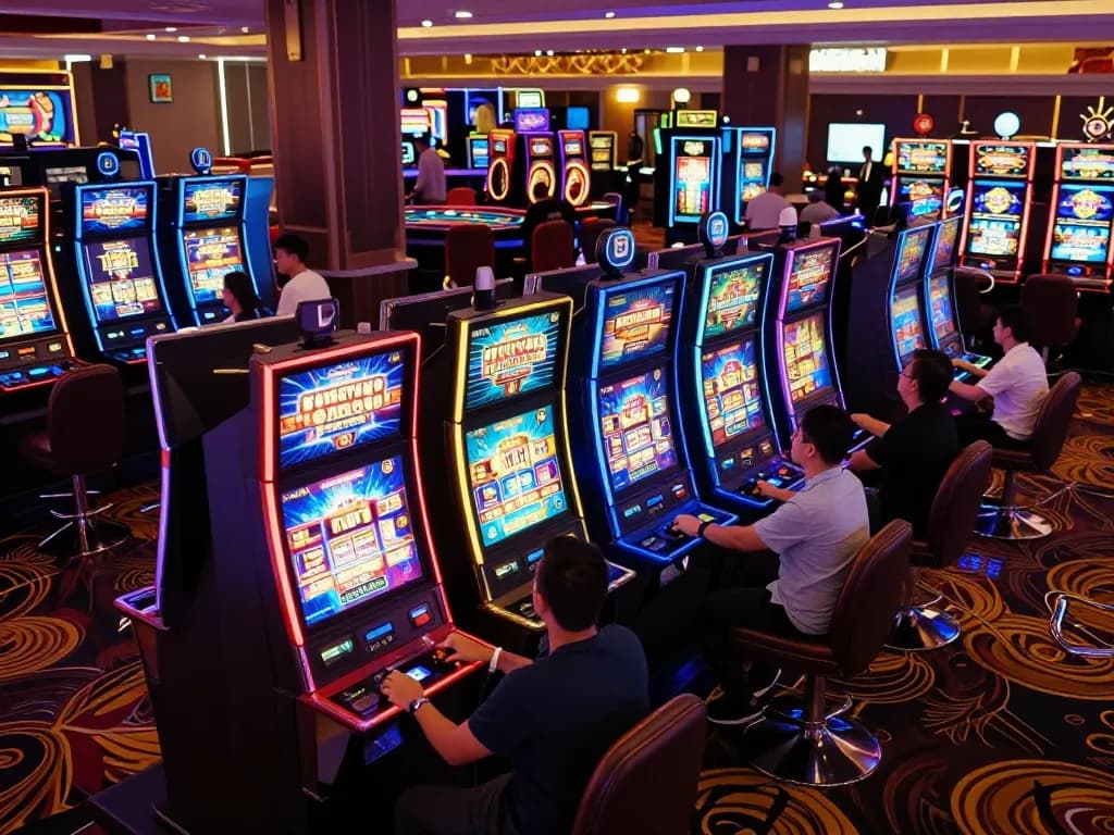 Experience the excitement of rokok88 slot gameplay amidst a lively casino atmosphere with flashing machines.