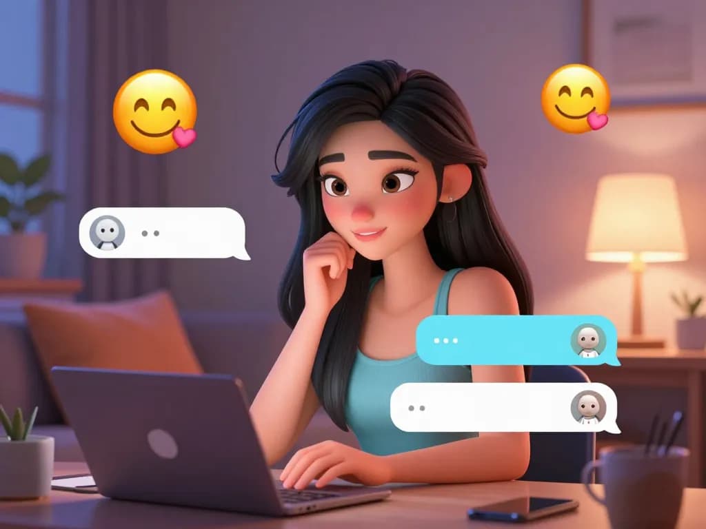 Vibrant animated character in cozy room engaging in AI porn chat, showcasing intimacy and excitement.