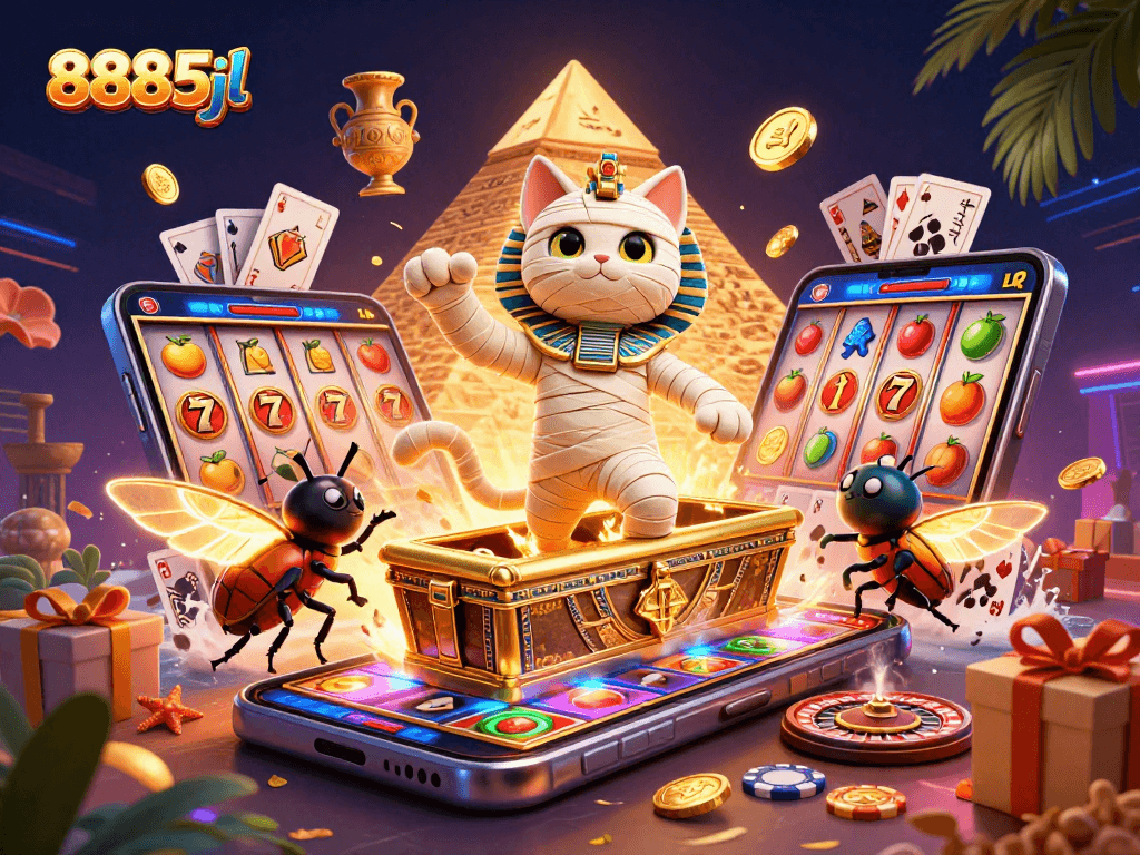Spin to win with 8885jl featuring Egyptian mummy cat and vibrant casino elements!