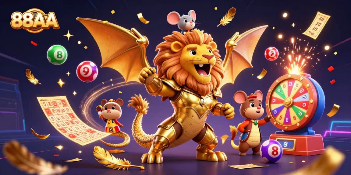 Engage with 88AA in a vibrant casino setting featuring fun lottery elements and dynamic characters.