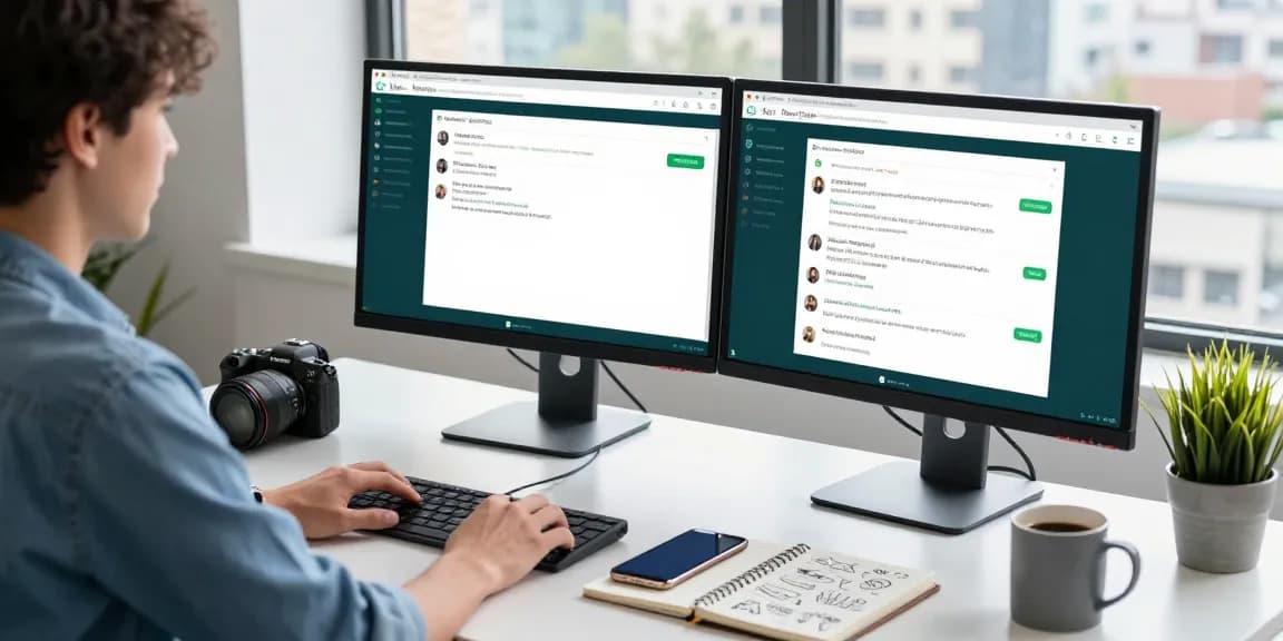 Using WhatsApp電腦版 on desktop with vibrant workspace elements including coffee and plants.