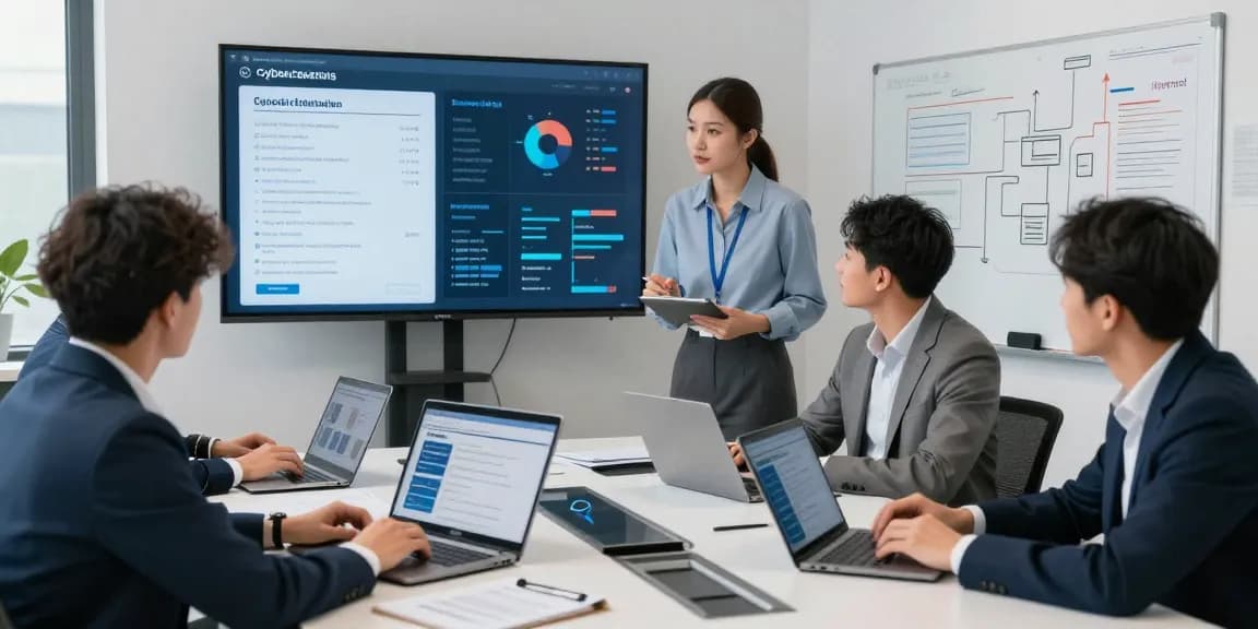 Team discussing a Cyber Essentials quote in a modern cybersecurity office.