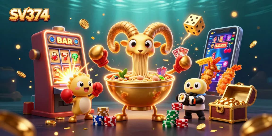 Engage with SV374's vibrant casino world featuring slot machines, golden ramen bowl dealer, and celebratory effects.