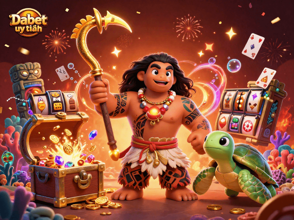 Dabet uy tín showcases an exciting 3D casino scene featuring a famous demigod hawk and playful elements reflecting thrilling slot adventures.