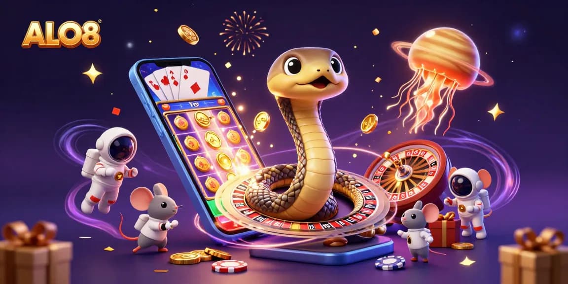 Bet on ALO8's thrilling slots and casino games with vibrant cosmic elements and characters.