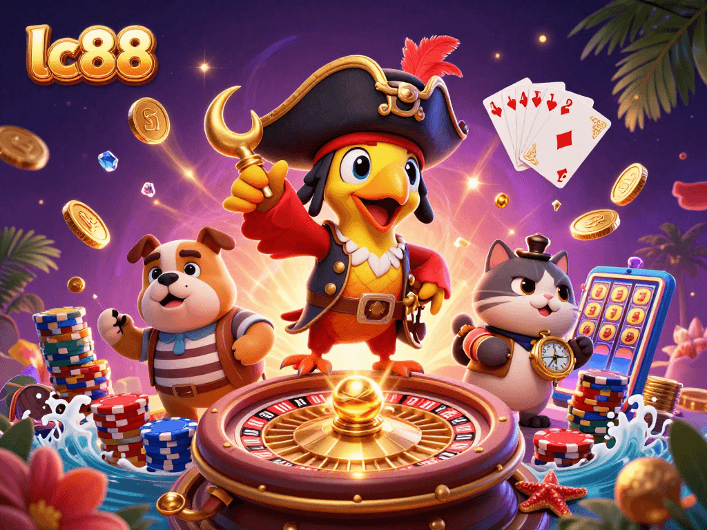 Experience thrilling gameplay at lc88 with a playful pirate captain and friends surrounded by casino treasures.