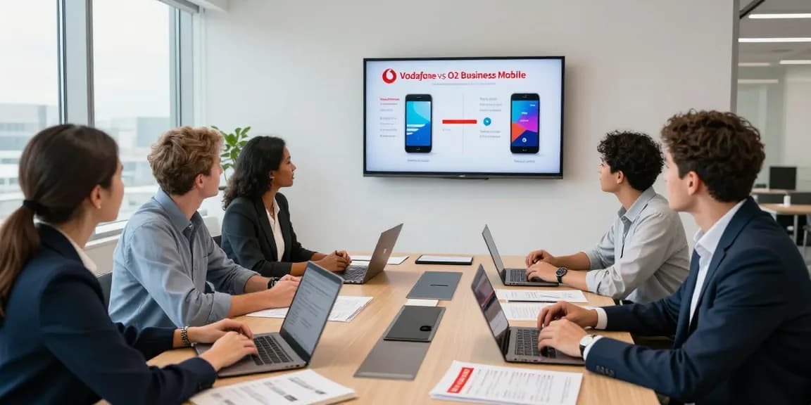 Comparison of Vodafone vs O2 business mobile plans in a corporate office during a team meeting.