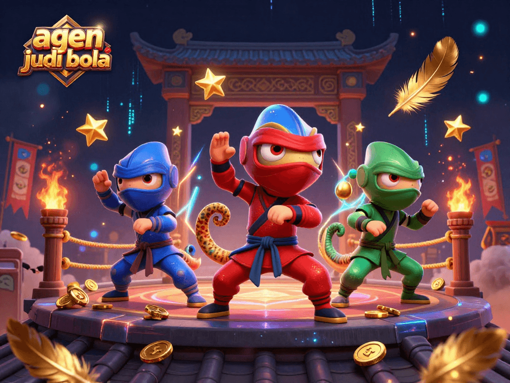 Synchronized martial arts action by ninja chameleons in a vibrant 3D scene for agen judi bola, enhancing casino excitement.