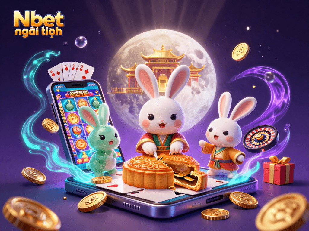 Nbet mới nhất features a whimsical casino scene with a moon rabbit surrounded by games and treasures.