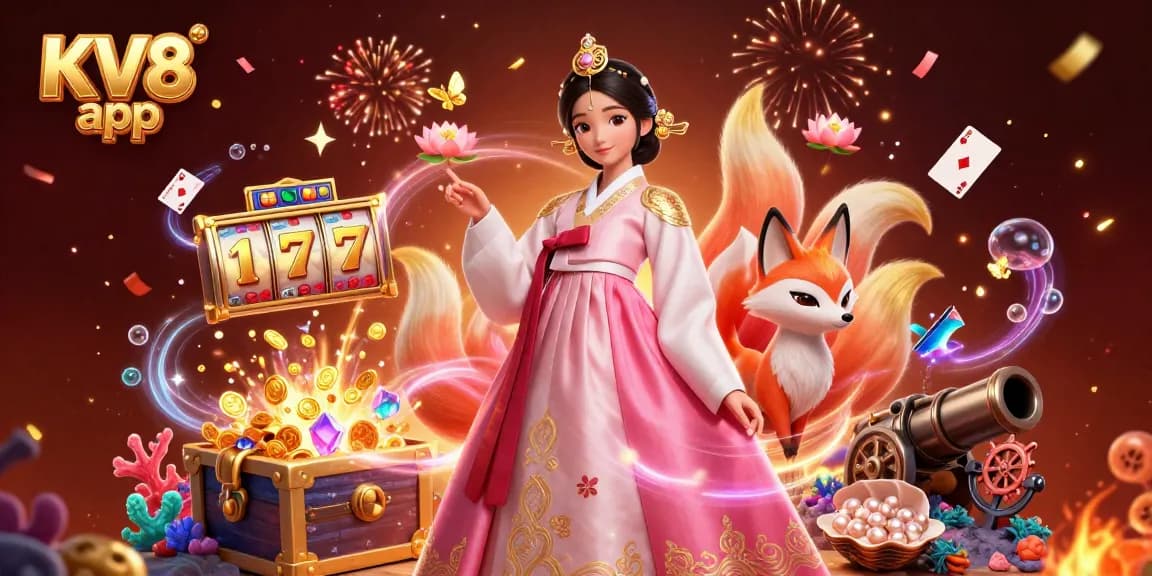 Win big with the KV8 app in a vibrant casino-themed 3D scene filled with slots and treasures.