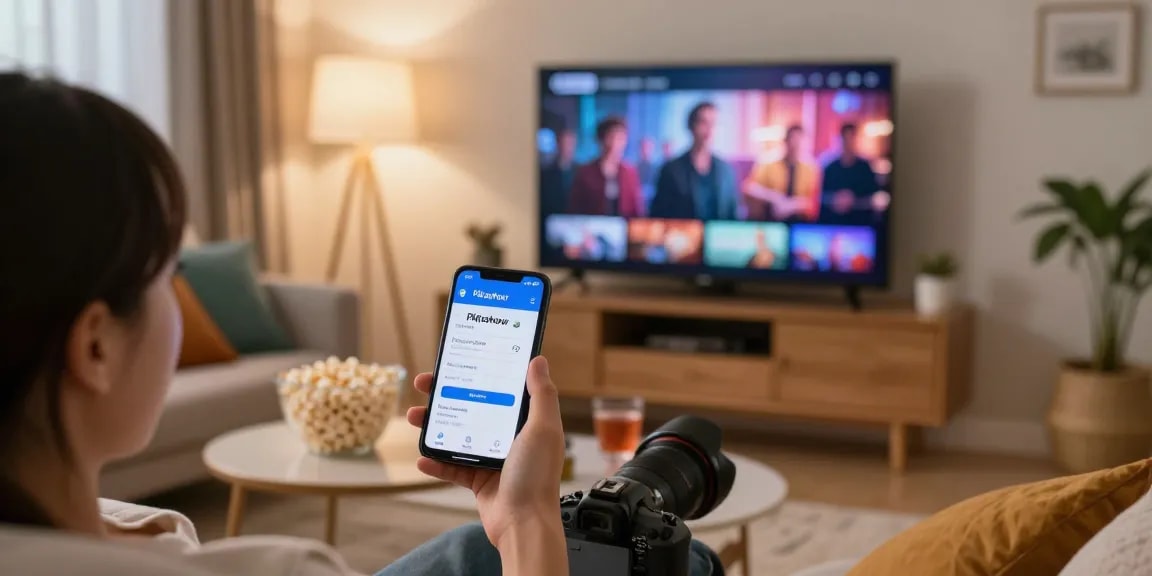 Pikashow APK download scene with a person streaming movies on a smart TV in a cozy living room setting.