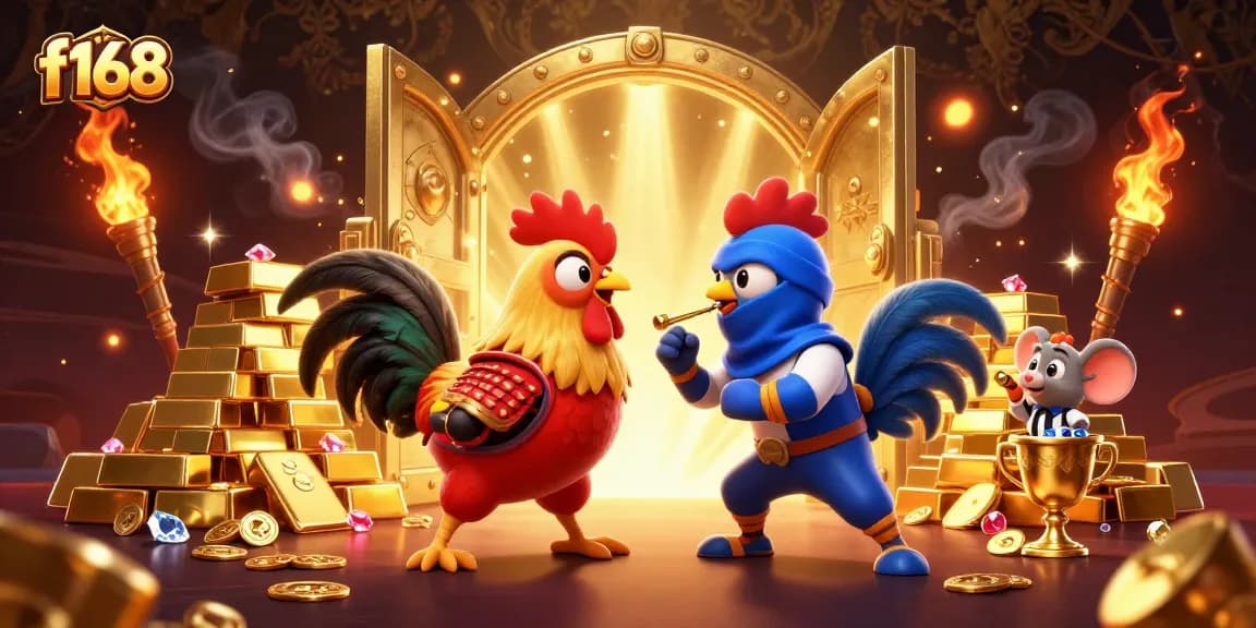 Experience thrilling action at f168 with dramatic rooster showdown in an opulent casino scene.