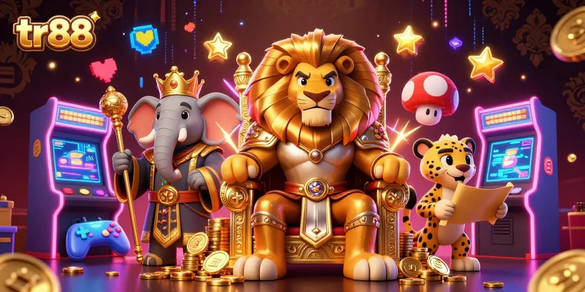 Experience thrilling games at tr88 with a fierce lion king, wise elephant, and speedy cheetah in a dynamic casino scene.