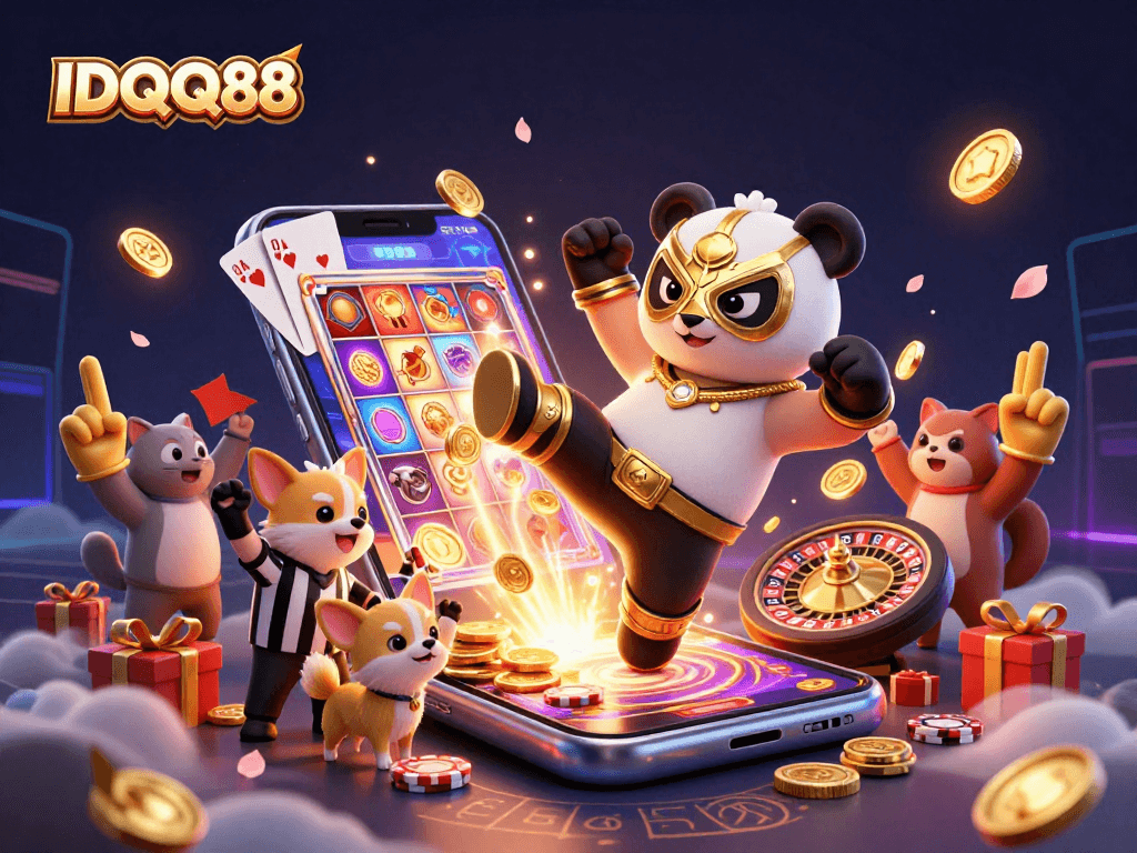 IDQQ88 showcases a panda wrestler soaring in action with vibrant casino elements all around.