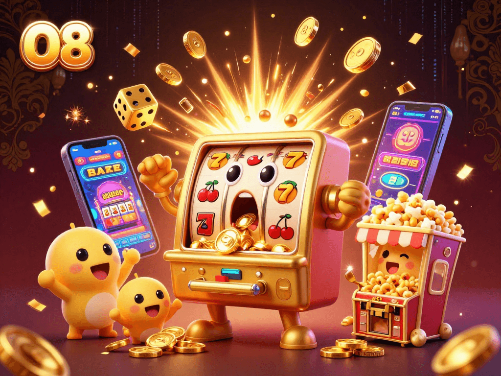 O8 jackpot celebration scene with a winning slot machine and coins pouring amidst lively casino elements.