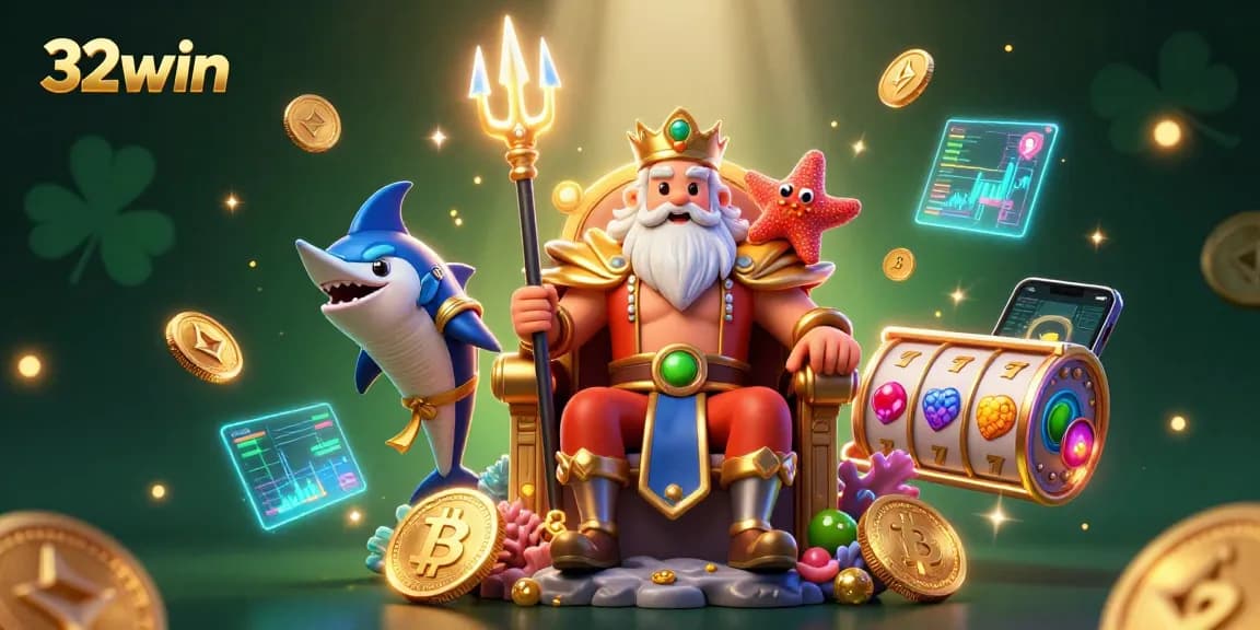Experience the excitement of 32win with a colorful casino scene showcasing Neptune and crypto elements.