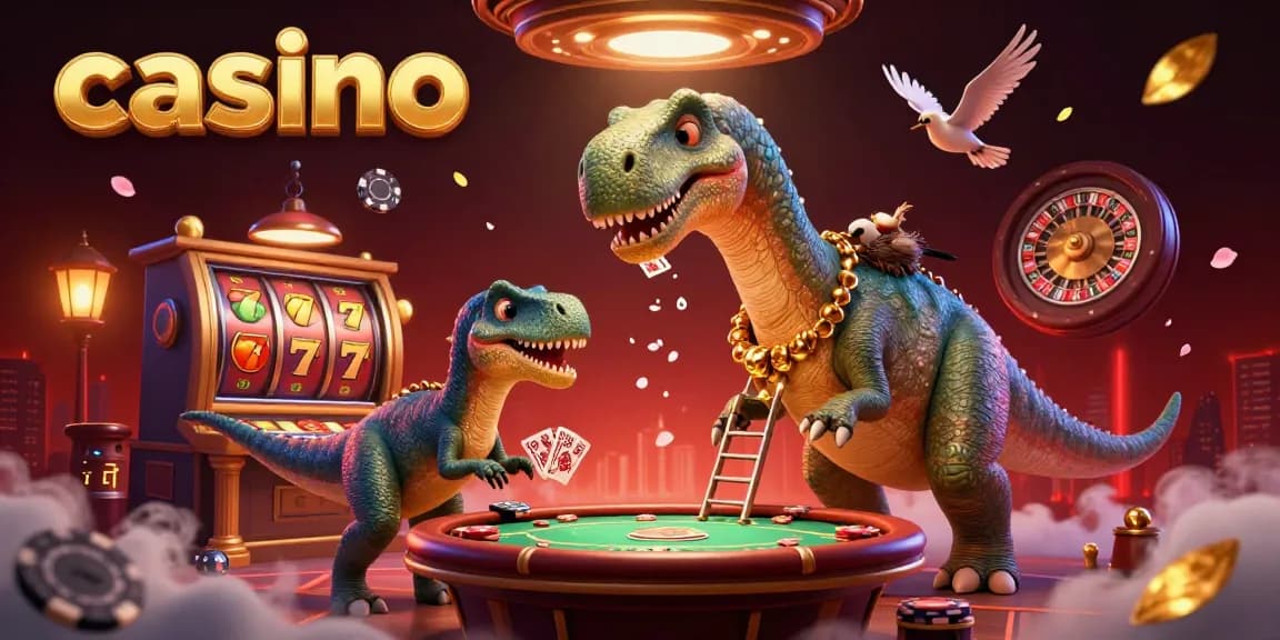 Casino scene with dinosaurs dealing cards and spinning slot reels in a vibrant 3D illustration.