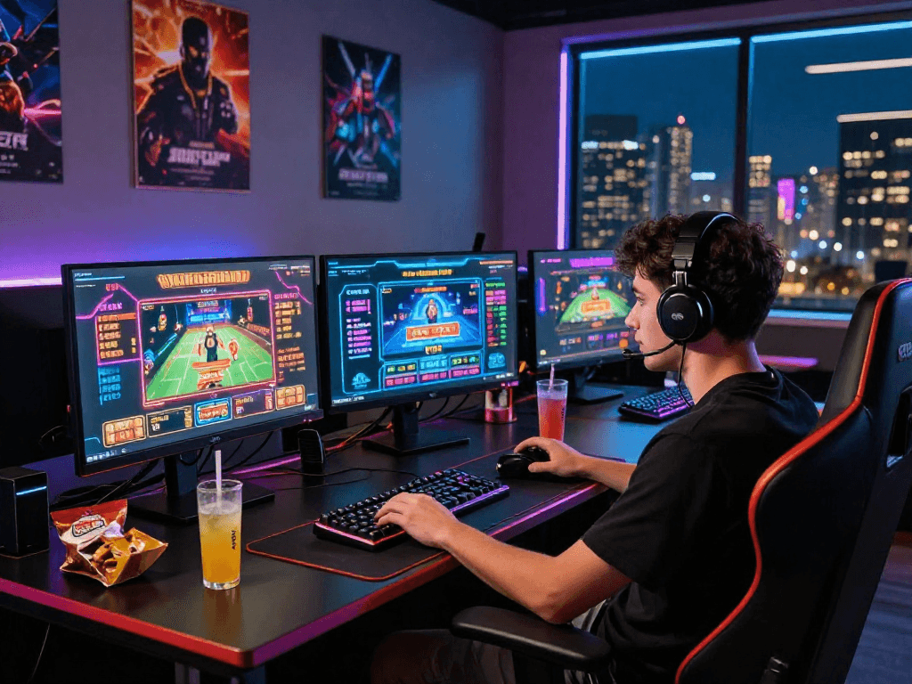 Online gaming setup at http://oxbet-app.com with multiple displays, vibrant games, and an engaging atmosphere.