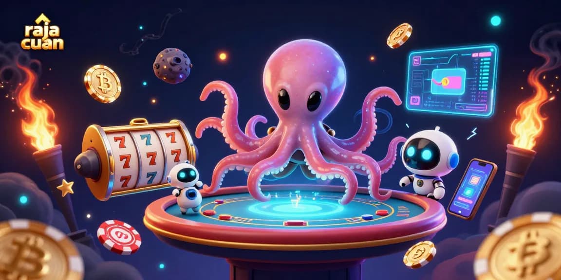 Engage in winning strategies with raja cuan at a cosmic poker table surrounded by crypto elements.