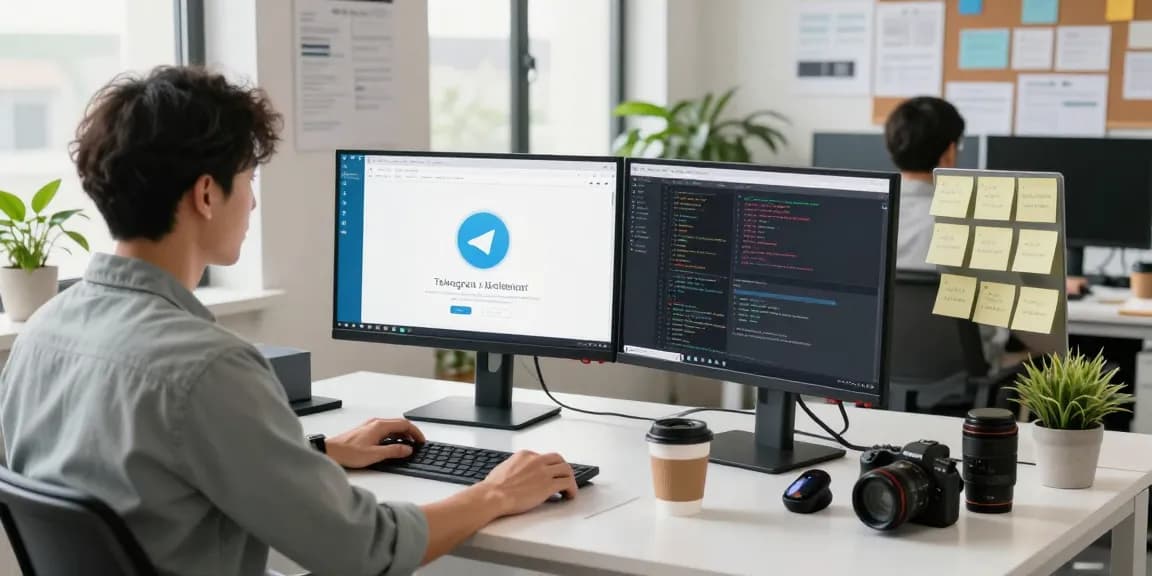 Developer using Telegram下载 on multiple screens in a tech workspace, showcasing productivity and innovation.