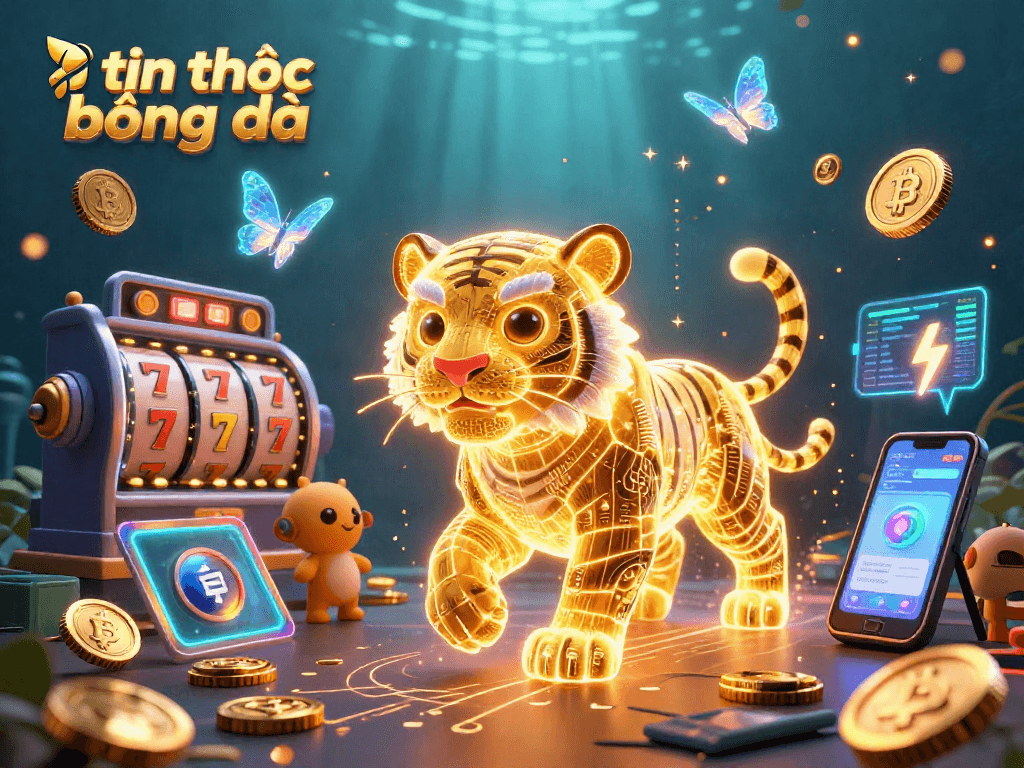 Experience engaging tin tức bóng đá action with a vibrant 3D casino scene featuring a neon tiger and crypto elements.