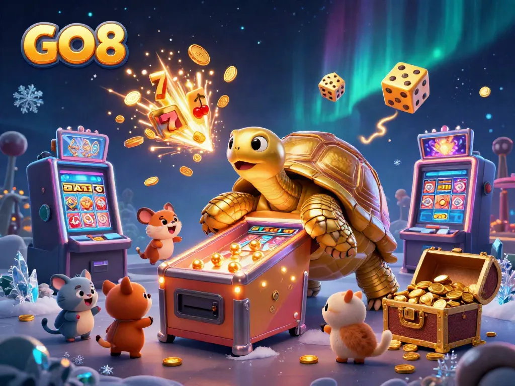 Experience the GO 8 gaming excitement with our massive winning jackpot scene featuring vibrant slot machines, colorful casino games, and dynamic golden tortoises.