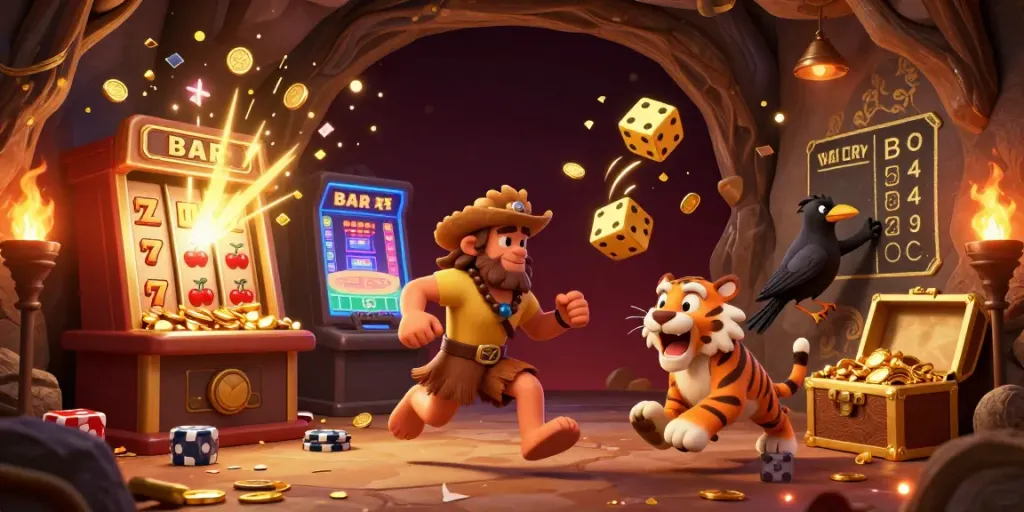 Engaging illustration of Game Bài Đổi Thưởng Fyi featuring a caveman, sabertooth tiger, and a clever crow in a prehistoric casino.