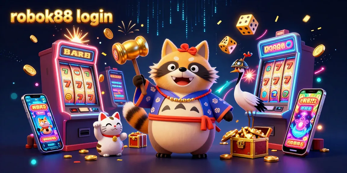 Experience the excitement of rokok88 login with vibrant characters, slot machines, and treasure chests bursting with treasures.