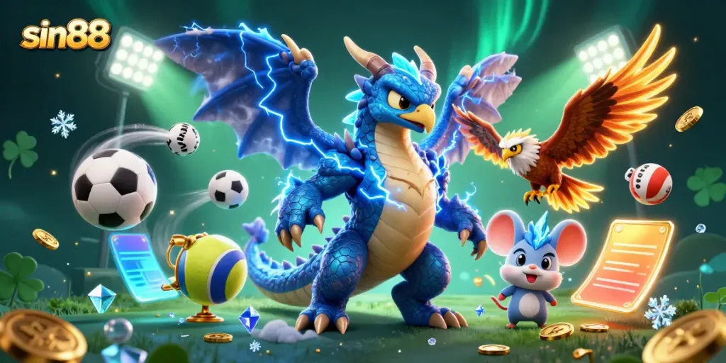 Sin88 illustrates an electrifying gaming experience with dynamic 3D characters and sports elements in action.