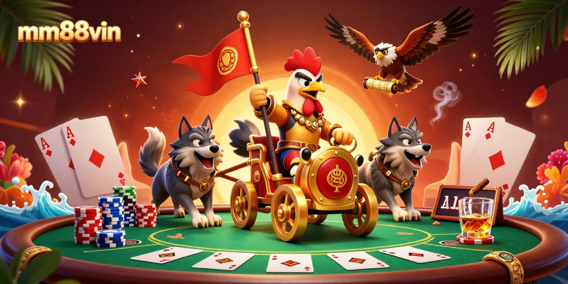 Engage in the vibrant world of gambling with mm88vin: a rich 3D scene showcasing a rooster warlord amidst poker excitement.